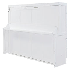 Queen Size Murphy Bed with Hydraulic Lift & Desk Design, White
