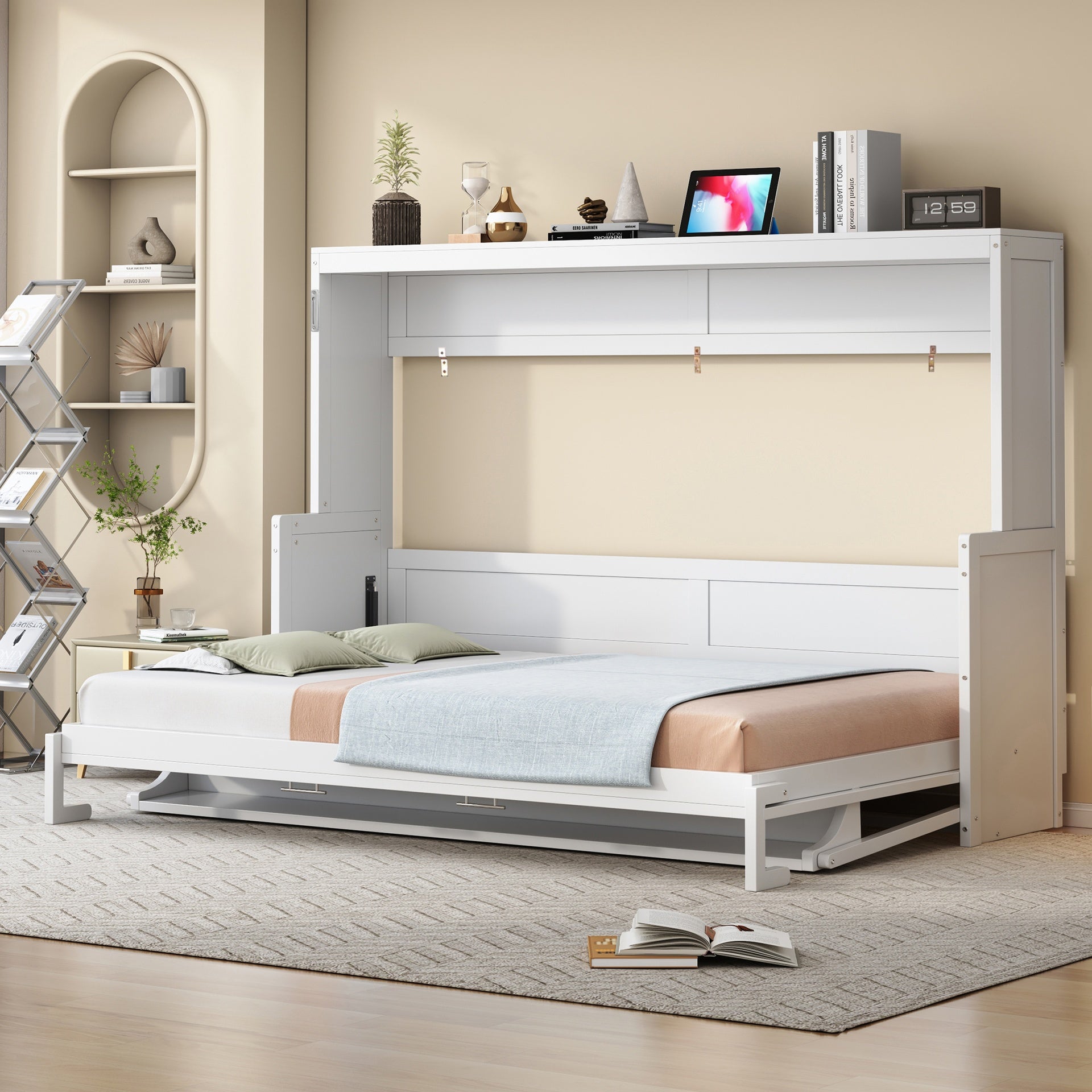Queen Size Murphy Bed with Hydraulic Lift & Desk Design, White