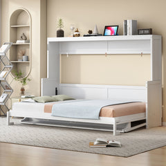 Queen Size Murphy Bed with Hydraulic Lift & Desk Design, White