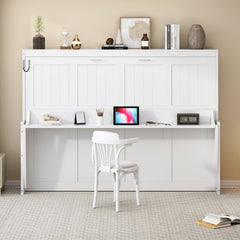Queen Size Murphy Bed with Hydraulic Lift & Desk Design, White