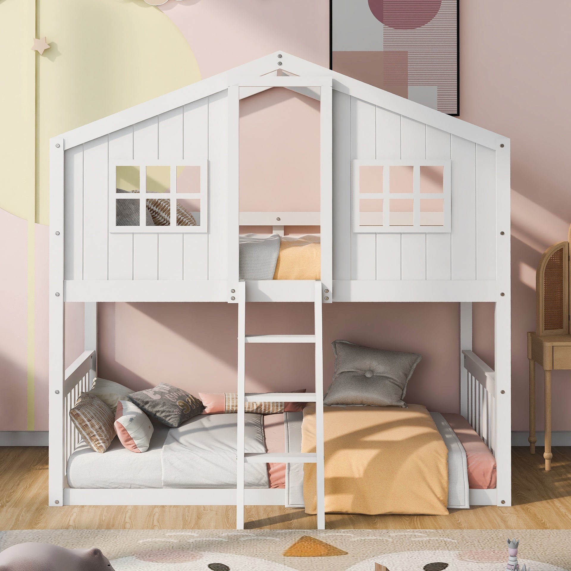 Twin Over Twin House Bunk Bed With Ladder, Wood Bed-White(OLD SKU:LT000184AAK)