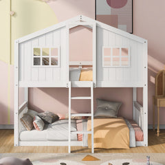Twin Over Twin House Bunk Bed With Ladder, Wood Bed-White(OLD SKU:LT000184AAK)