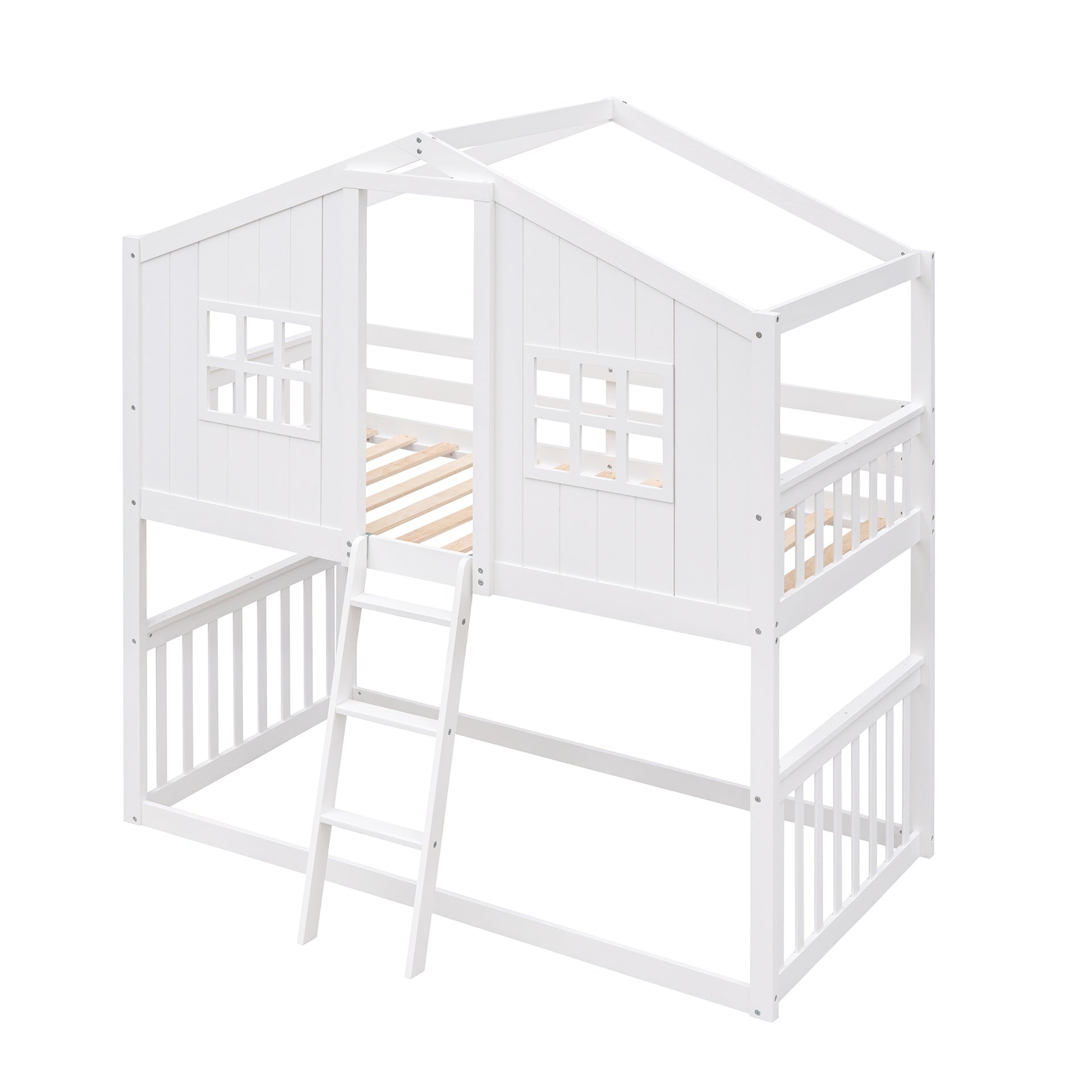 Twin Over Twin House Bunk Bed With Ladder, Wood Bed-White(OLD SKU:LT000184AAK)