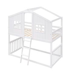 Twin Over Twin House Bunk Bed With Ladder, Wood Bed-White(OLD SKU:LT000184AAK)