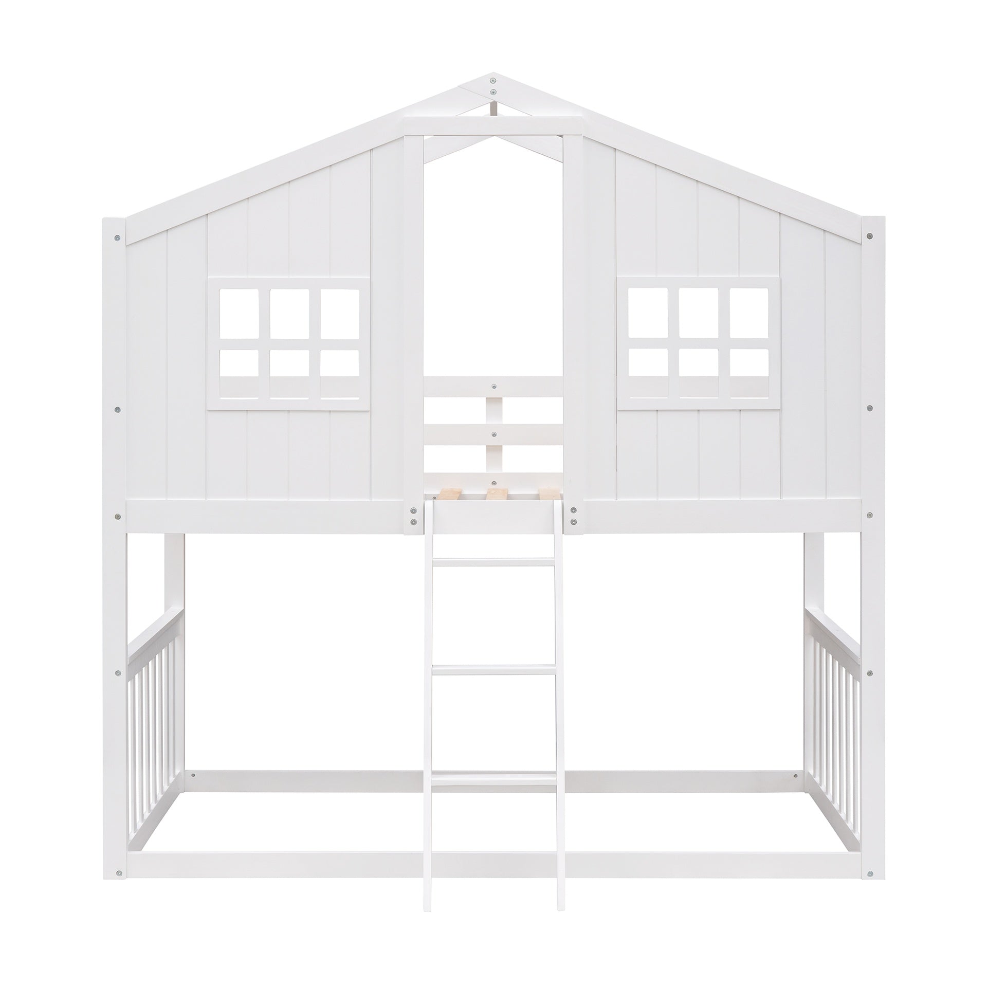 Twin Over Twin House Bunk Bed With Ladder, Wood Bed-White(OLD SKU:LT000184AAK)