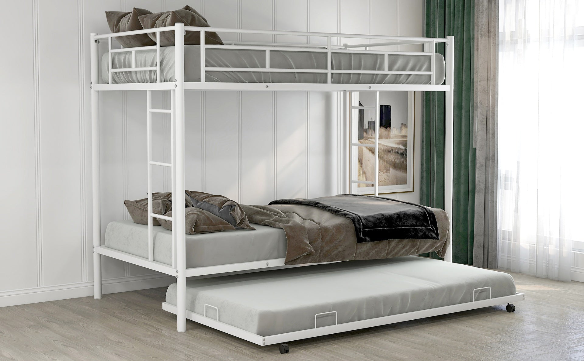 Twin over Twin Bunk Bed with Trundle, White