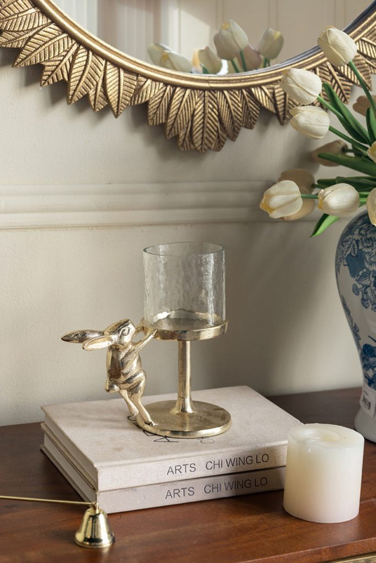 7x4x7.5" Gold Rabbit Pillar Candle Holder with Clear Glass Hurricane Shade