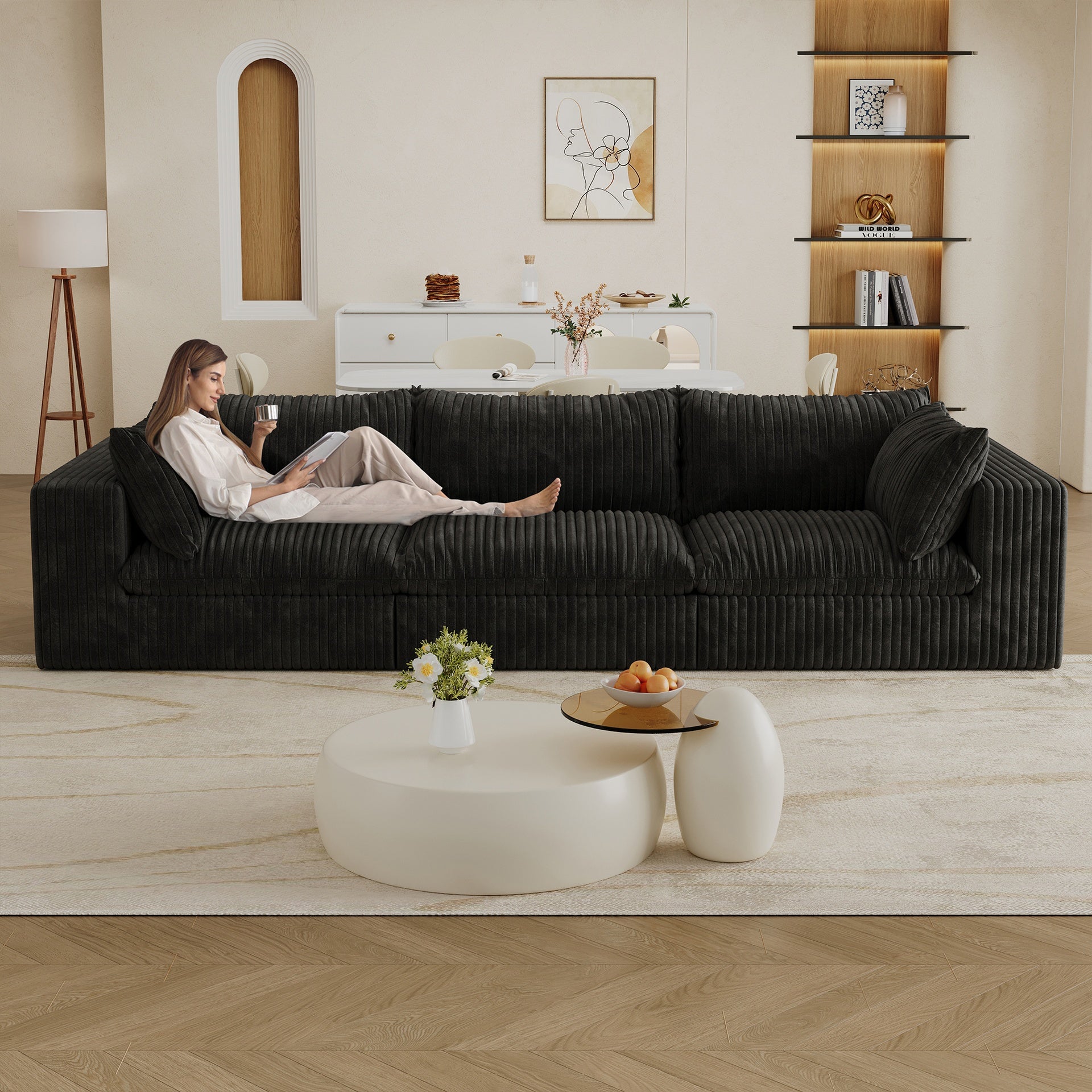 118.2" Cloud Sofa,Corduroy Fabric,Deep Seat Couches,Double-layer design,Removable  Cushion,No Assembly, DIY Combination for Living room, Bedroom,Conference room ,Apartment,Black