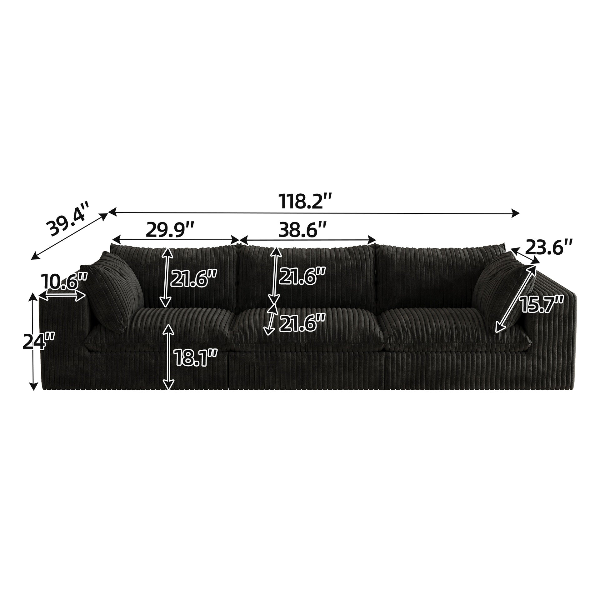 118.2" Cloud Sofa,Corduroy Fabric,Deep Seat Couches,Double-layer design,Removable  Cushion,No Assembly, DIY Combination for Living room, Bedroom,Conference room ,Apartment,Black