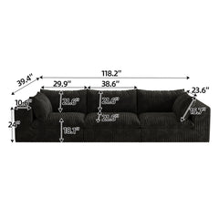 118.2" Cloud Sofa,Corduroy Fabric,Deep Seat Couches,Double-layer design,Removable  Cushion,No Assembly, DIY Combination for Living room, Bedroom,Conference room ,Apartment,Black