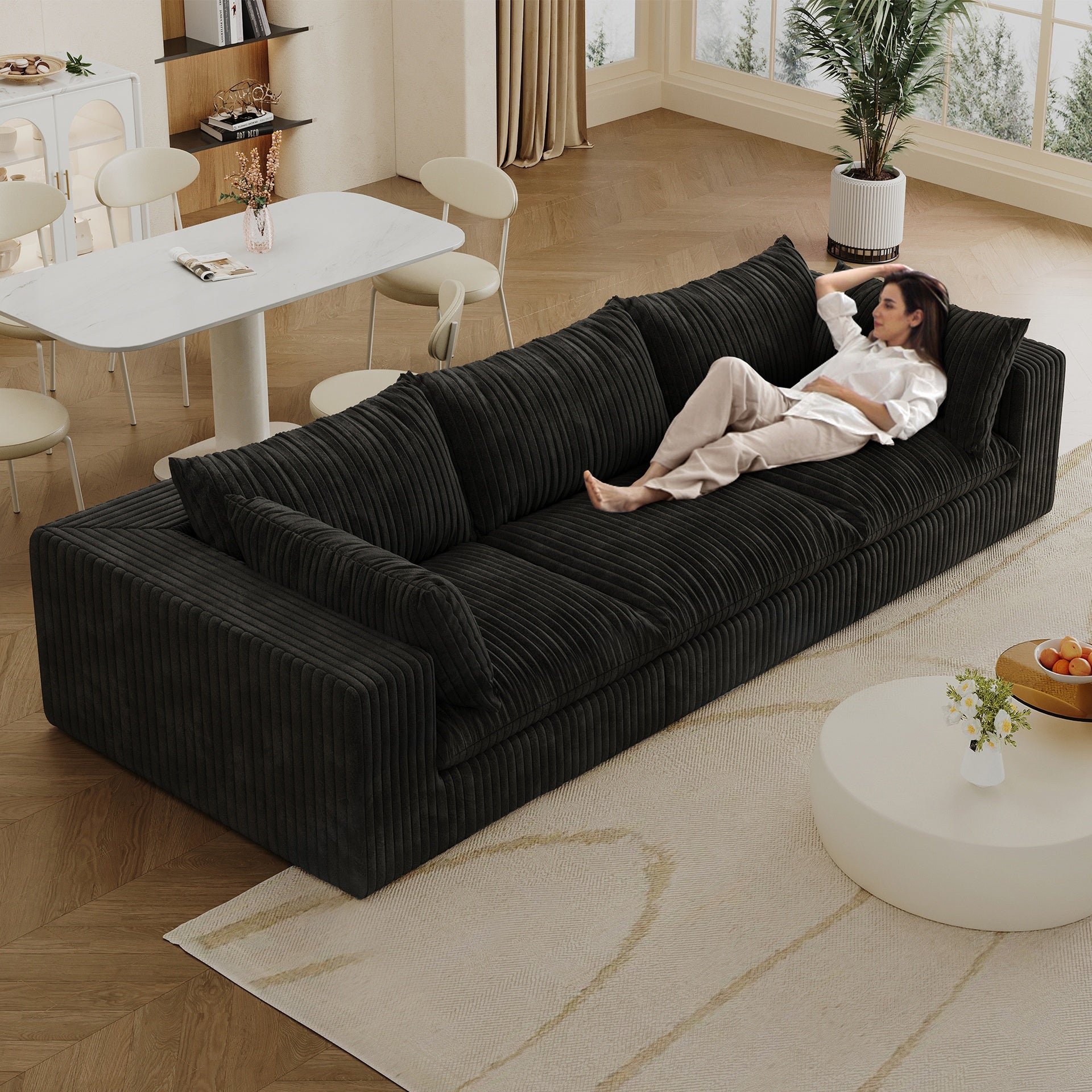 118.2" Cloud Sofa,Corduroy Fabric,Deep Seat Couches,Double-layer design,Removable  Cushion,No Assembly, DIY Combination for Living room, Bedroom,Conference room ,Apartment,Black