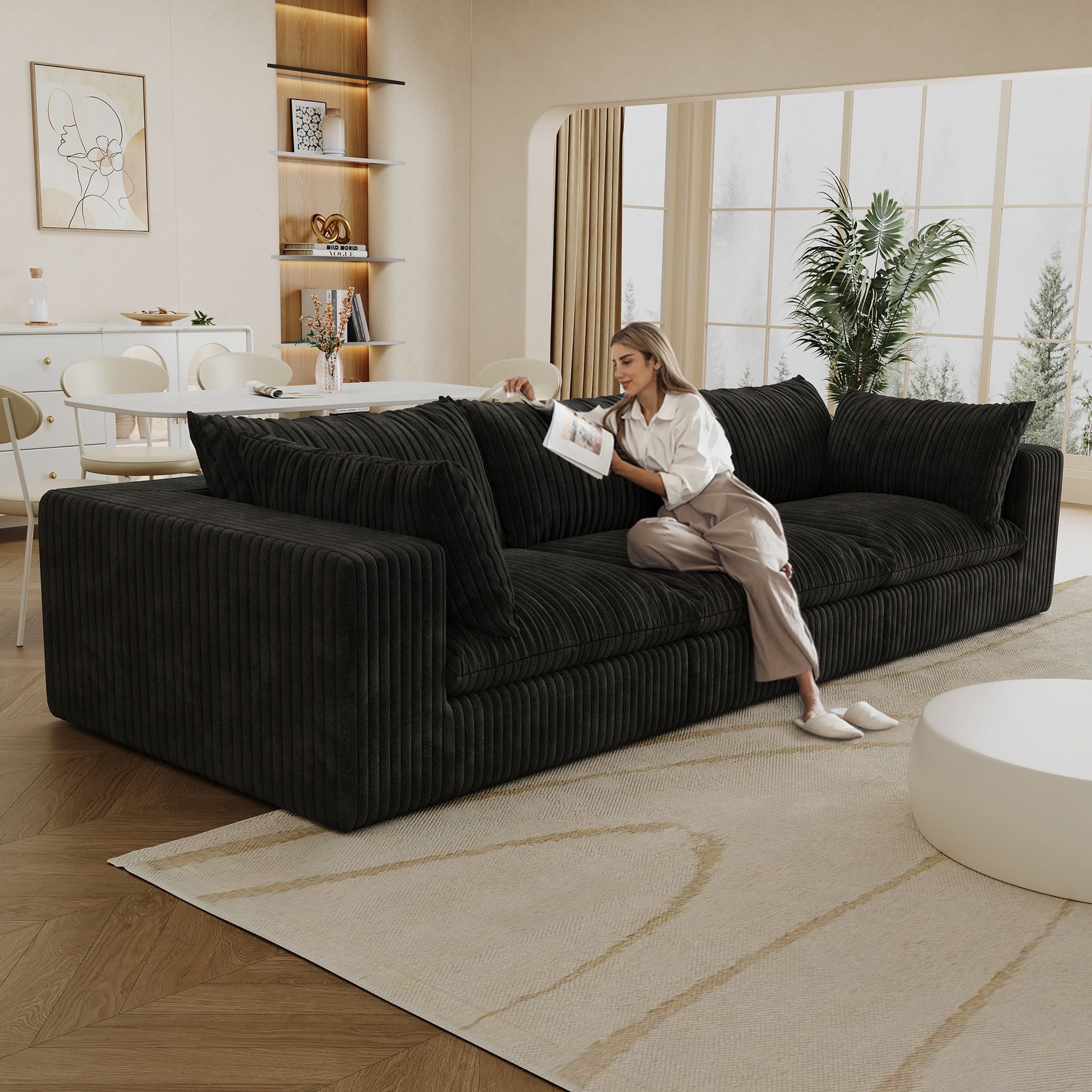 118.2" Cloud Sofa,Corduroy Fabric,Deep Seat Couches,Double-layer design,Removable  Cushion,No Assembly, DIY Combination for Living room, Bedroom,Conference room ,Apartment,Black