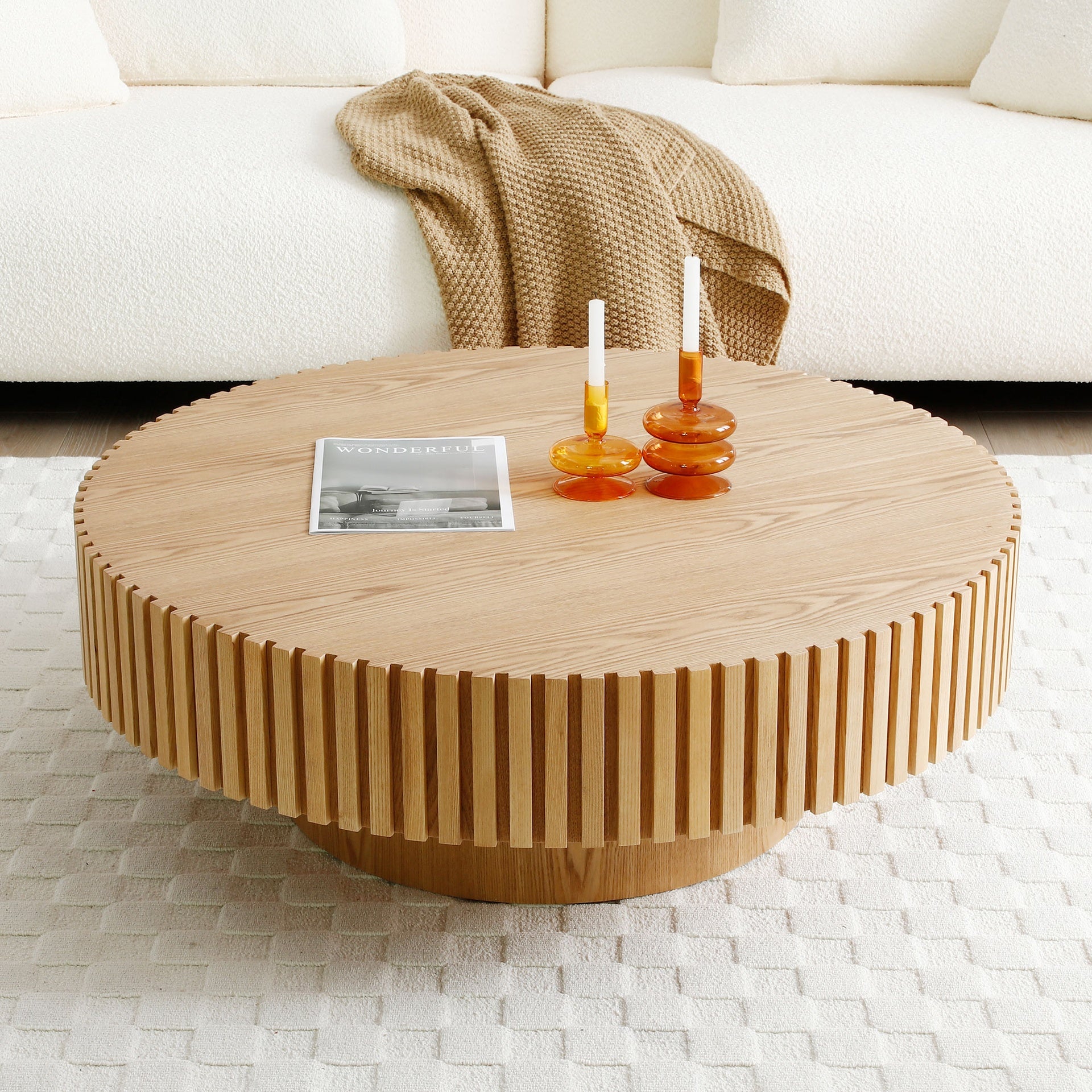 Natural Wood Coffee Table 39.37 MDF coffee table Modern Handcraft Drum Coffee Table  Circle Coffee Table for Living Room,ASH