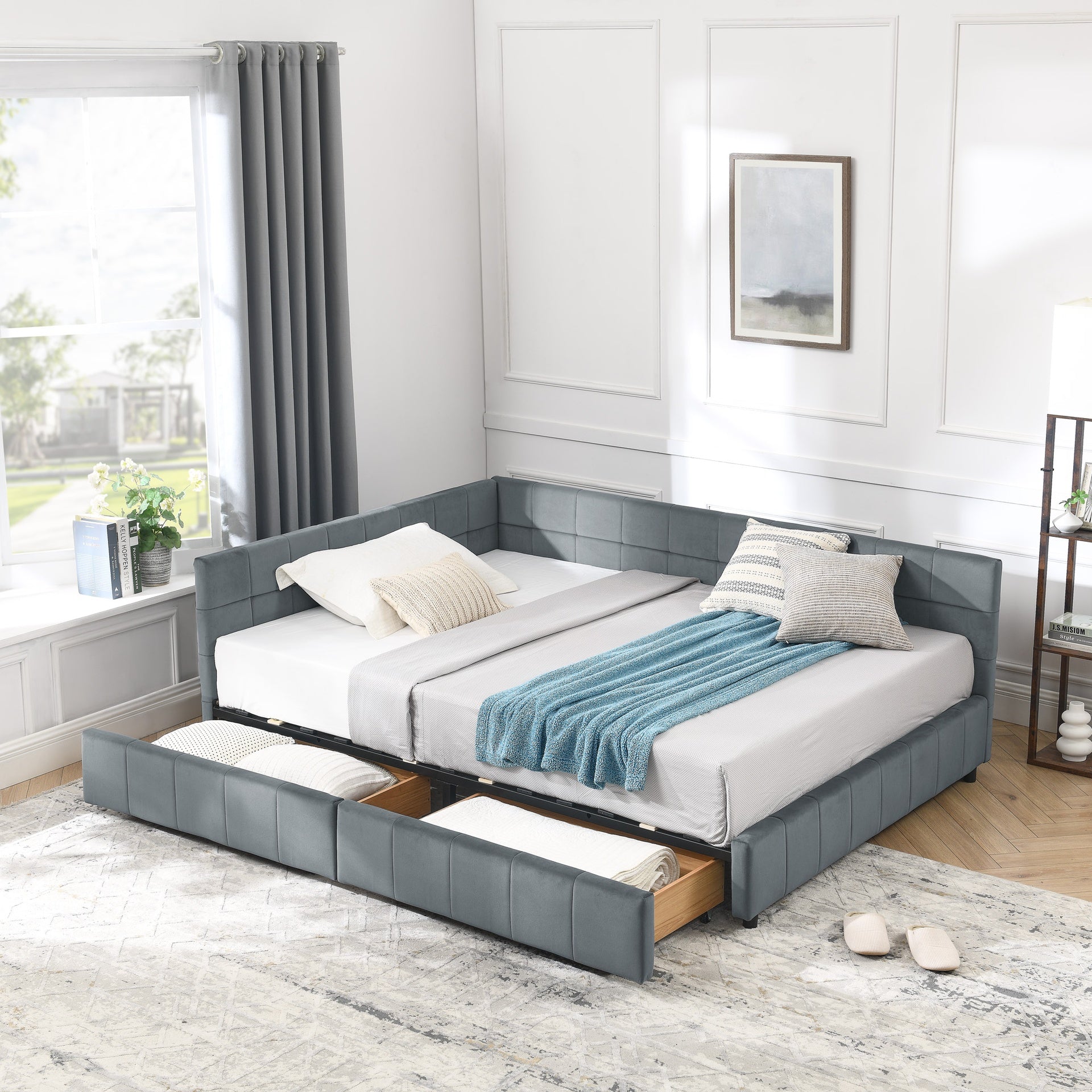 Full Size Storage Upholstered Tufted Bed Frame, Sofa Bed Frame with Comfortable Backrest and Armrests, Full Size Bed for Bedroom, Living Room,Velvet, GREY(80.5''*59''*29.5'')