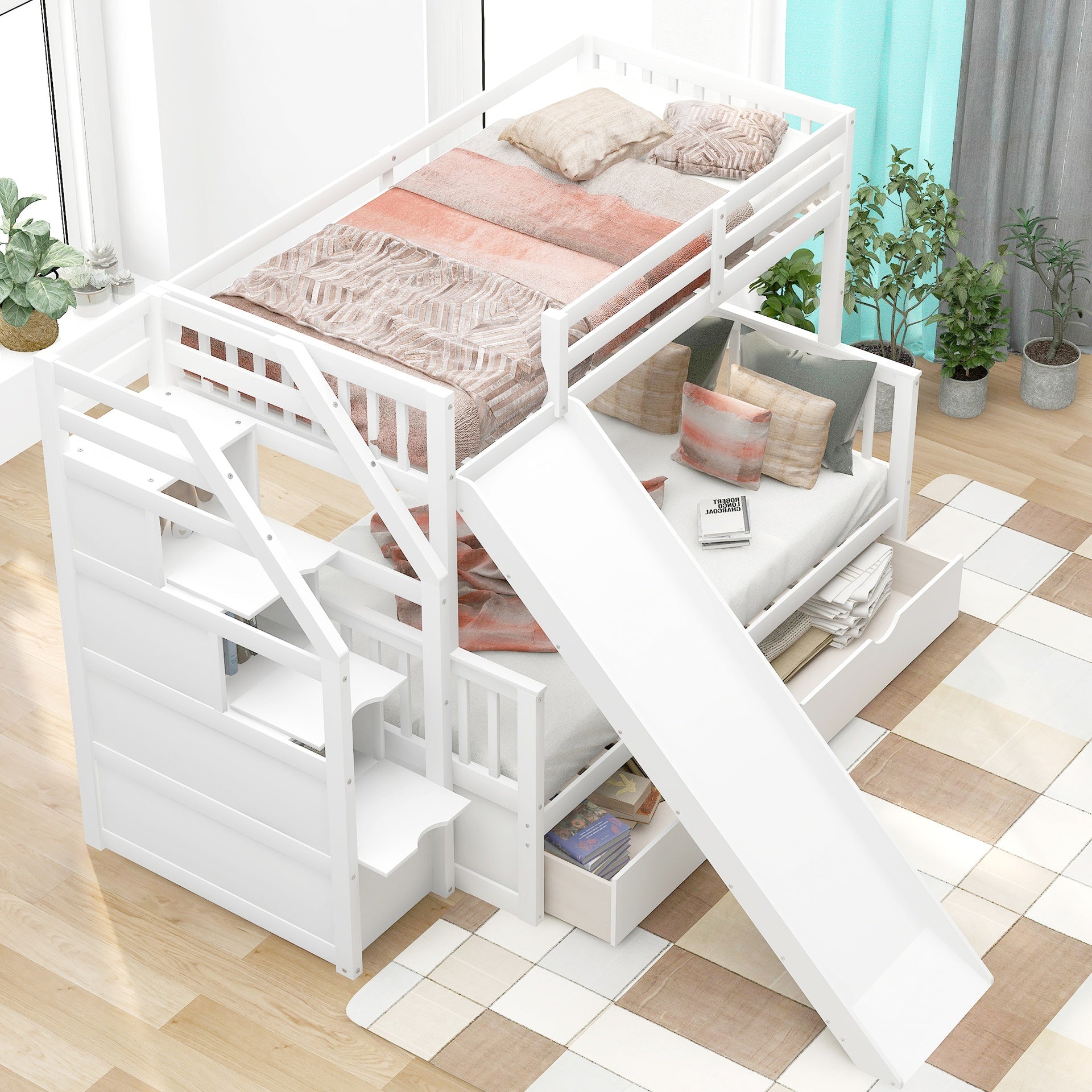 Twin over Full Bunk Bed with Drawers,Storage and Slide, Multifunction, White
