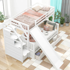 Twin over Full Bunk Bed with Drawers,Storage and Slide, Multifunction, White