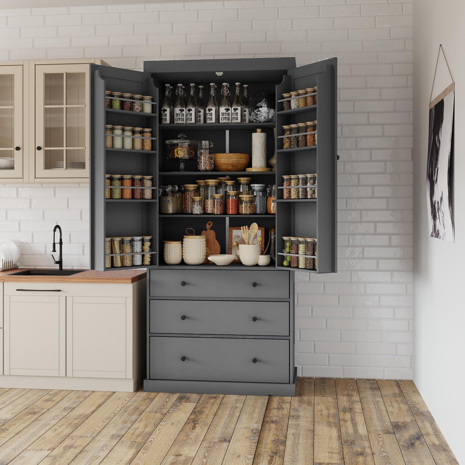 [Assembly Video Provided]TOPMAX 77inch Farmhouse Kitchen Pantry, Freestanding Tall Cupboard Storage Cabinet with 3 Adjustable Shelves, 8 Door Shelves, 3 Drawers for Kitchen, Dining Room, Gray