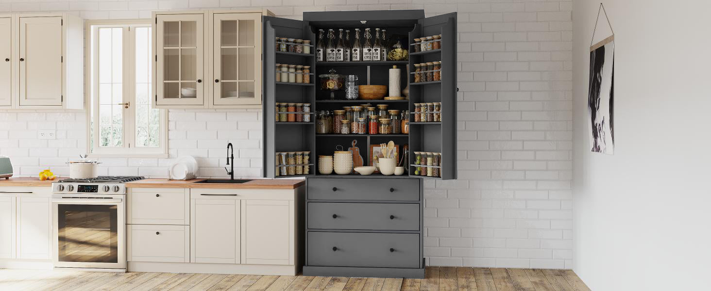 [Assembly Video Provided]TOPMAX 77inch Farmhouse Kitchen Pantry, Freestanding Tall Cupboard Storage Cabinet with 3 Adjustable Shelves, 8 Door Shelves, 3 Drawers for Kitchen, Dining Room, Gray