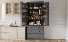 [Assembly Video Provided]TOPMAX 77inch Farmhouse Kitchen Pantry, Freestanding Tall Cupboard Storage Cabinet with 3 Adjustable Shelves, 8 Door Shelves, 3 Drawers for Kitchen, Dining Room, Gray