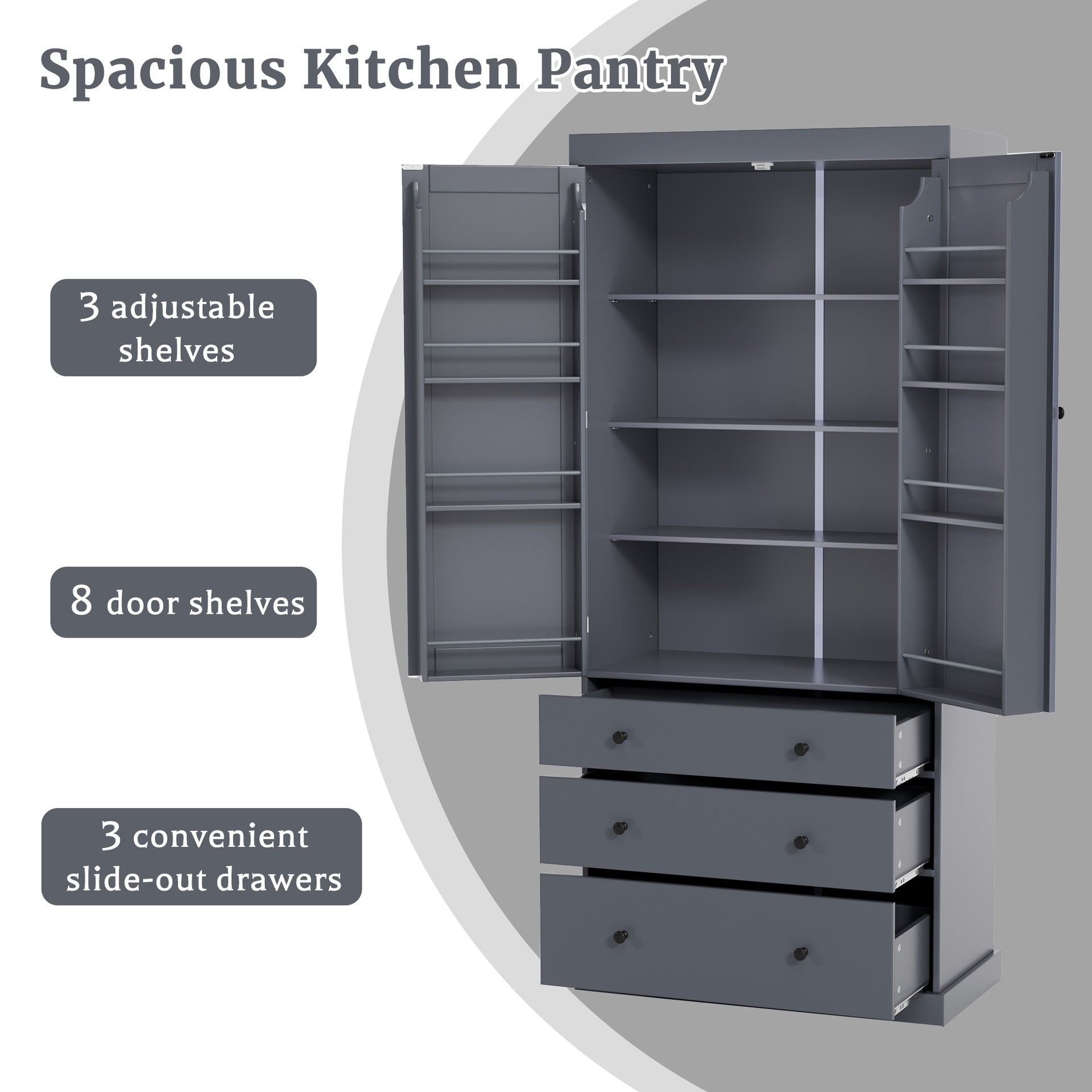 [Assembly Video Provided]TOPMAX 77inch Farmhouse Kitchen Pantry, Freestanding Tall Cupboard Storage Cabinet with 3 Adjustable Shelves, 8 Door Shelves, 3 Drawers for Kitchen, Dining Room, Gray