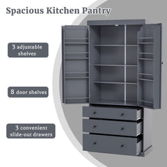 [Assembly Video Provided]TOPMAX 77inch Farmhouse Kitchen Pantry, Freestanding Tall Cupboard Storage Cabinet with 3 Adjustable Shelves, 8 Door Shelves, 3 Drawers for Kitchen, Dining Room, Gray