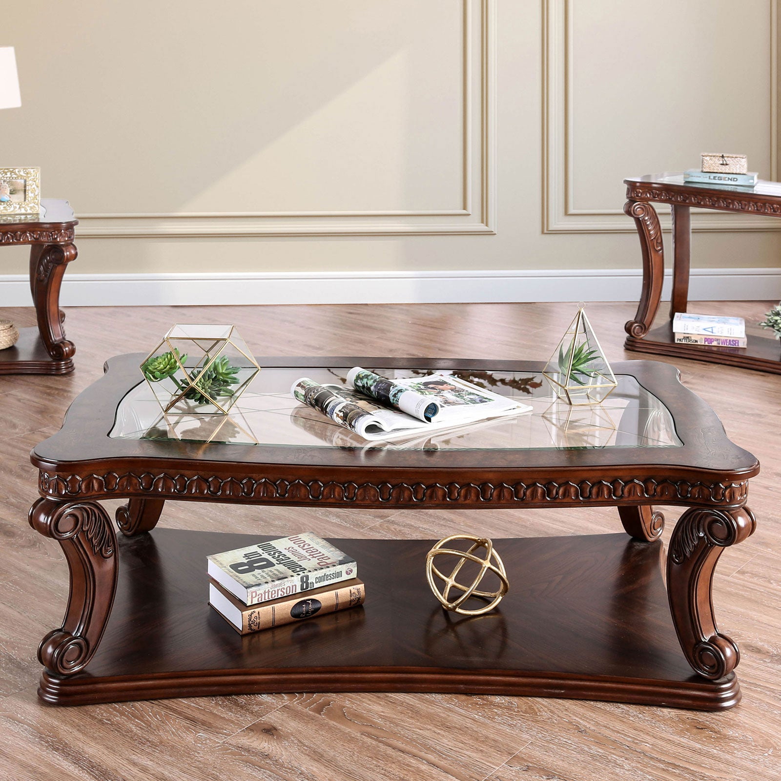 Traditional Style Coffee Table 5mm Tempered Glass Top Cabriole Legs Ornate Carved Design Dark Oak Finish End Table-Not Included