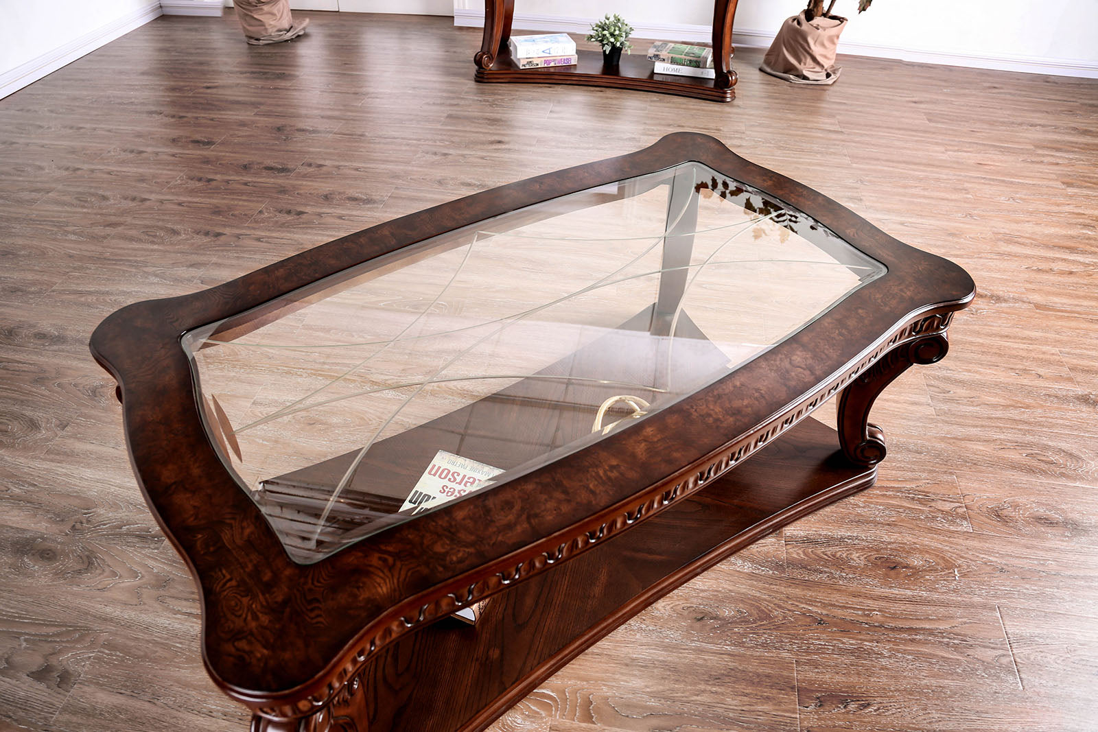 Traditional Style Coffee Table 5mm Tempered Glass Top Cabriole Legs Ornate Carved Design Dark Oak Finish End Table-Not Included