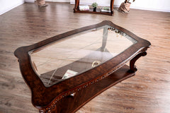 Traditional Style Coffee Table 5mm Tempered Glass Top Cabriole Legs Ornate Carved Design Dark Oak Finish End Table-Not Included
