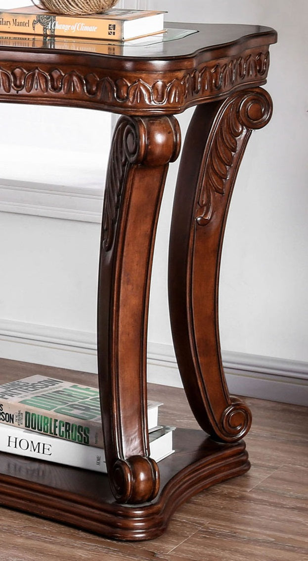 Sofa Table Dark Oak Finish Traditional Style 5mm Tempered Glass Top Cabriole Glass Ornate Carved Detail