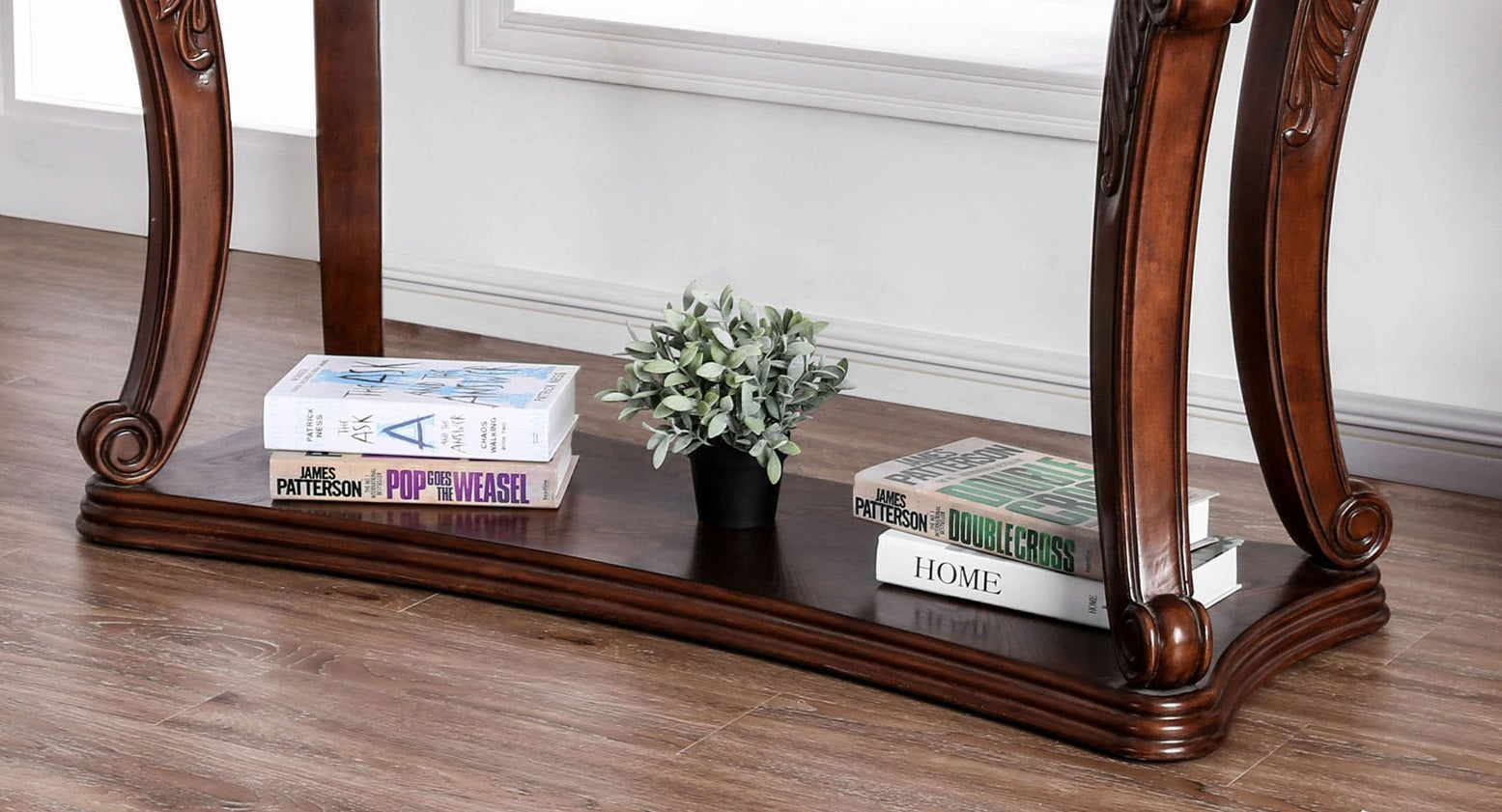 Sofa Table Dark Oak Finish Traditional Style 5mm Tempered Glass Top Cabriole Glass Ornate Carved Detail