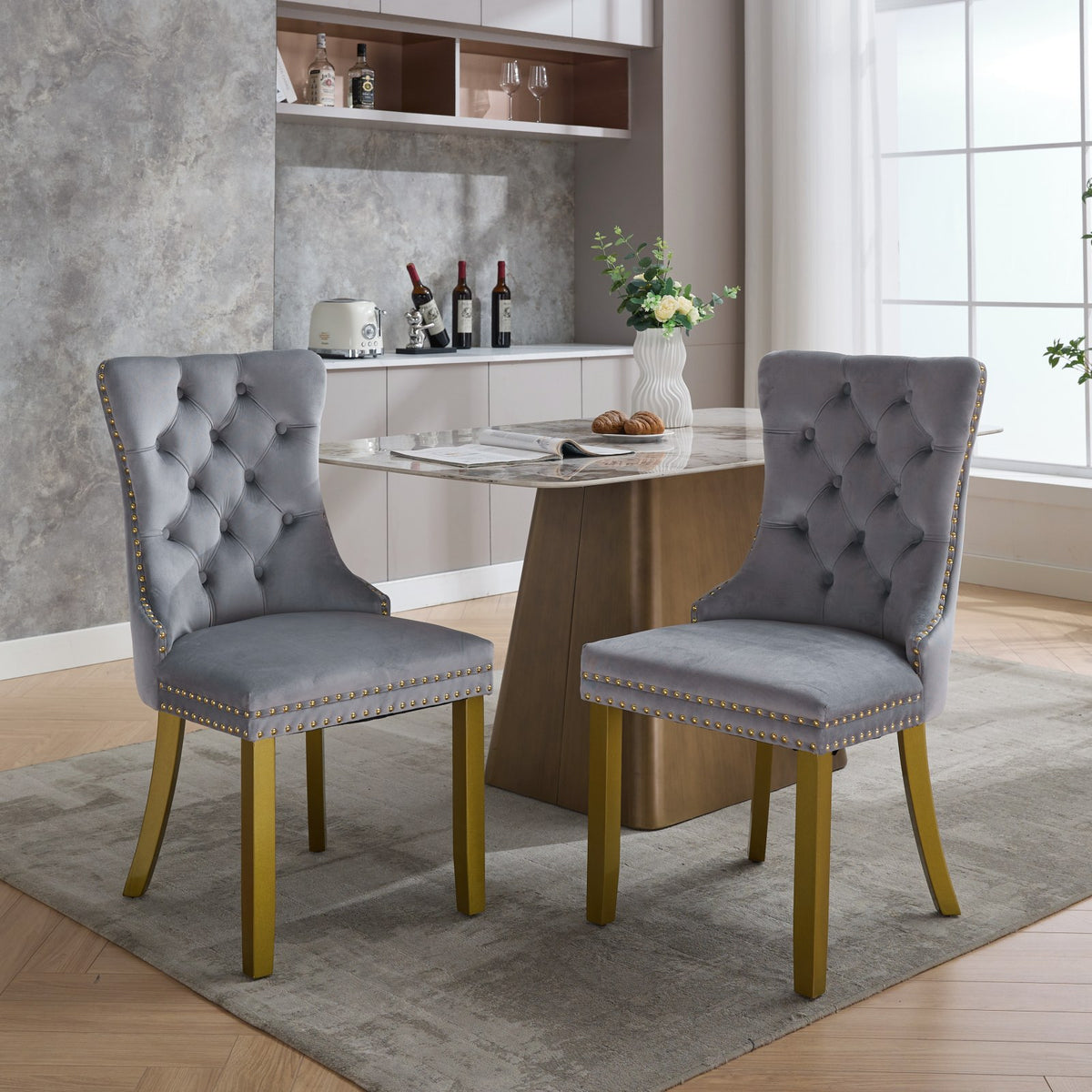 A&A Furniture, Nikki Collection Modern, High-end Tufted Solid Wood Contemporary Velvet Upholstered Dining Chair with golden Wood Legs Nailhead Trim 2-Pcs Set, Milky White,SW1401LG