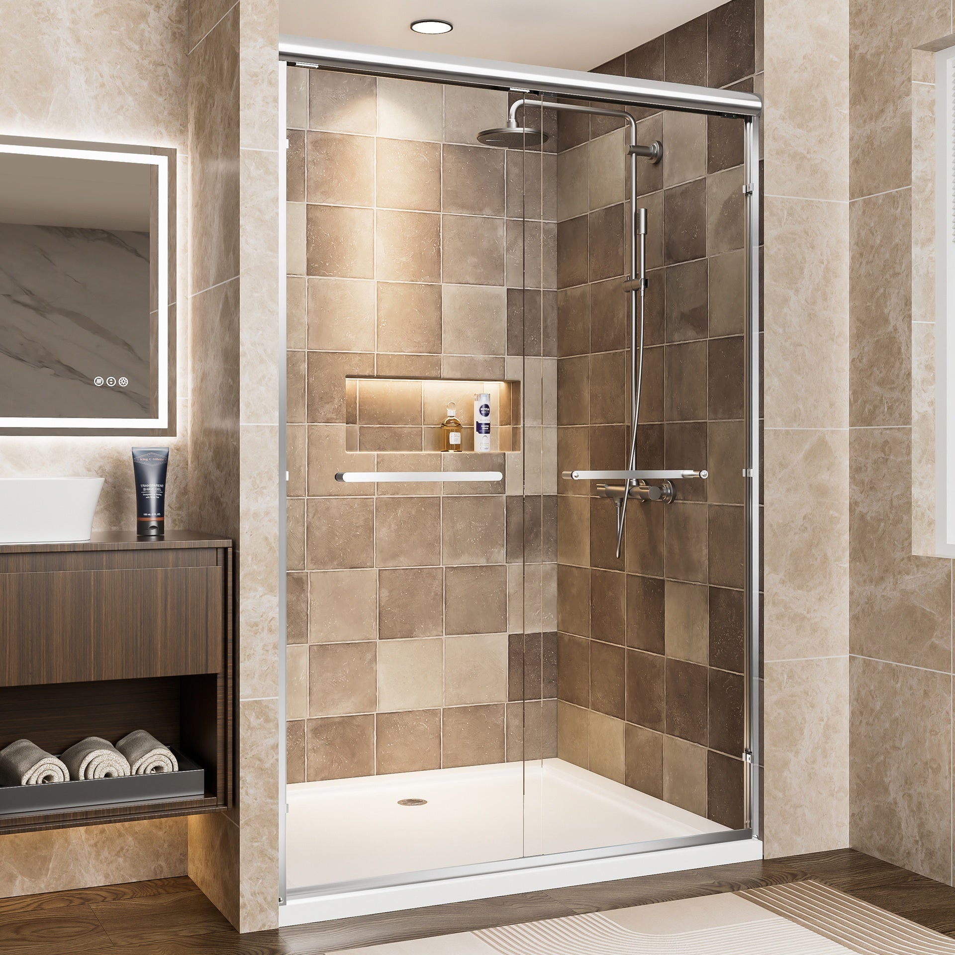 44"-48" W x 72" H Chrome Aluminum Frame Double Sliding Shower Door, 1/4" (6mm) Clear Tempered Glass With Explosion-proof Film, Dual Stainless Steel Handles
