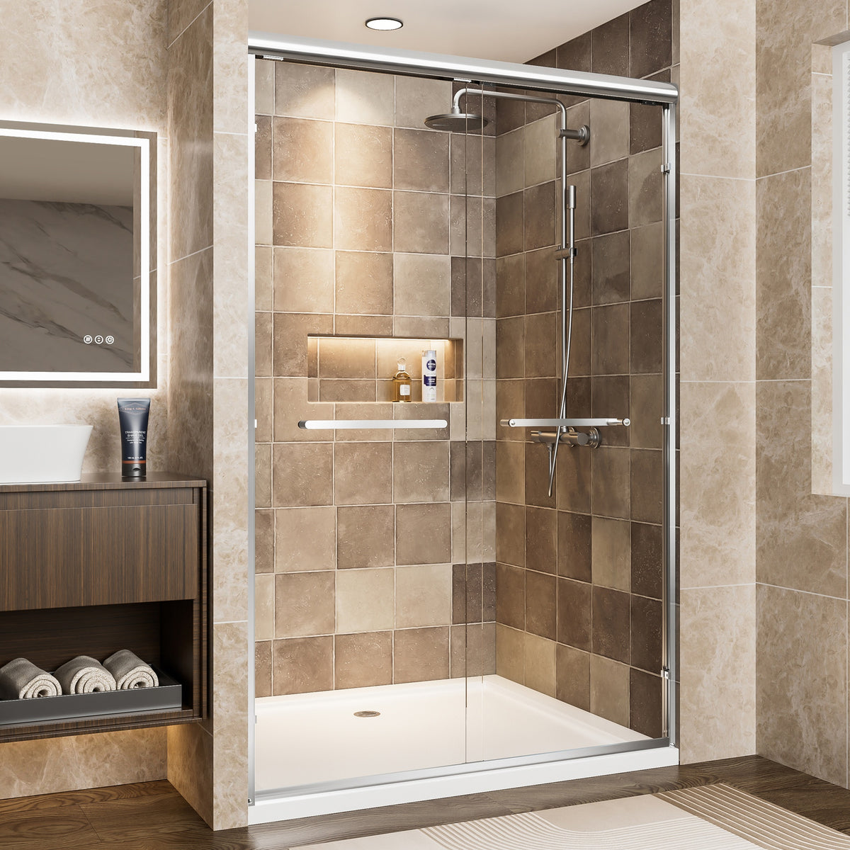 44"-48" W x 72" H Chrome Aluminum Frame Double Sliding Shower Door, 1/4" (6mm) Clear Tempered Glass With Explosion-proof Film, Dual Stainless Steel Handles