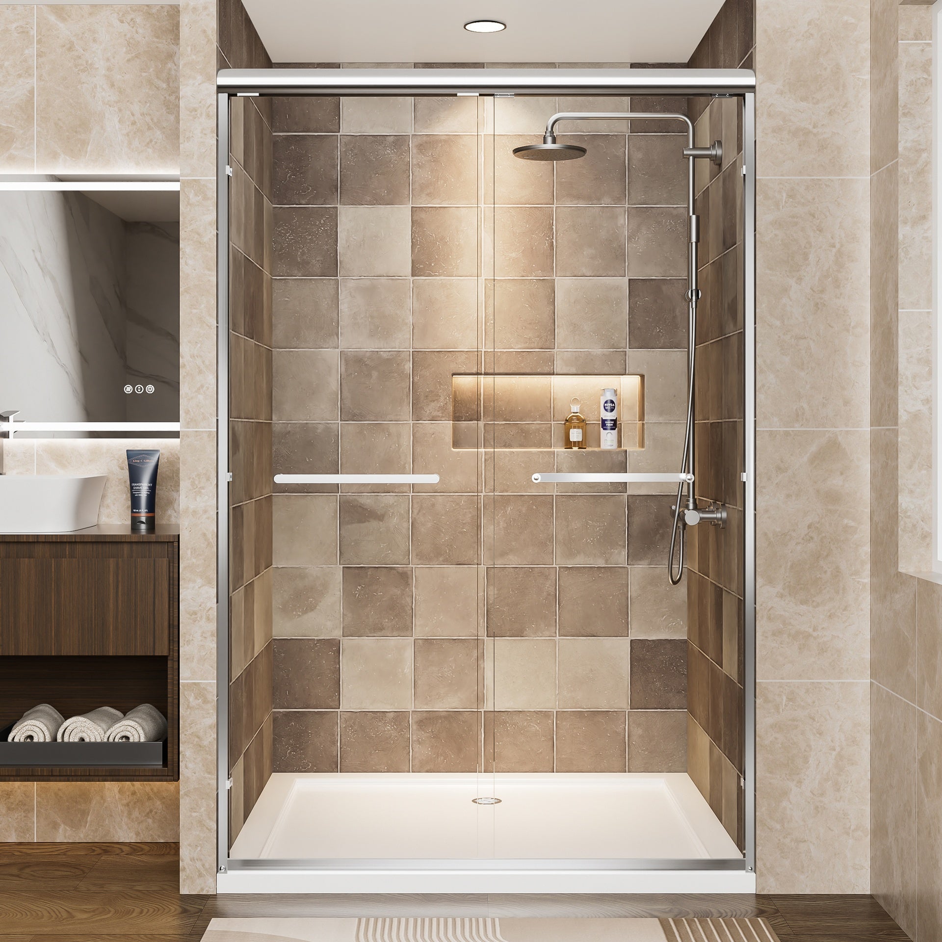44"-48" W x 72" H Chrome Aluminum Frame Double Sliding Shower Door, 1/4" (6mm) Clear Tempered Glass With Explosion-proof Film, Dual Stainless Steel Handles