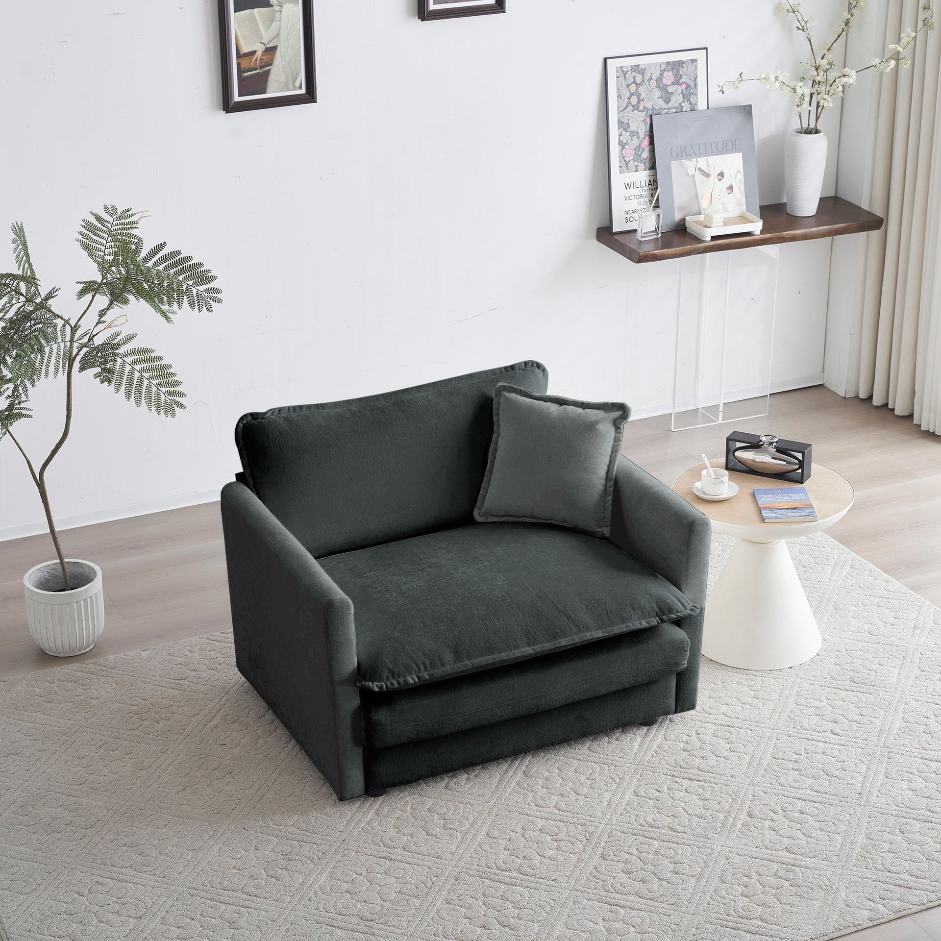 Comfy Deep Single Seat Sofa Upholstered Reading Armchair Living Room Chair Gray Chenille Fabric , 1 Toss Pillow