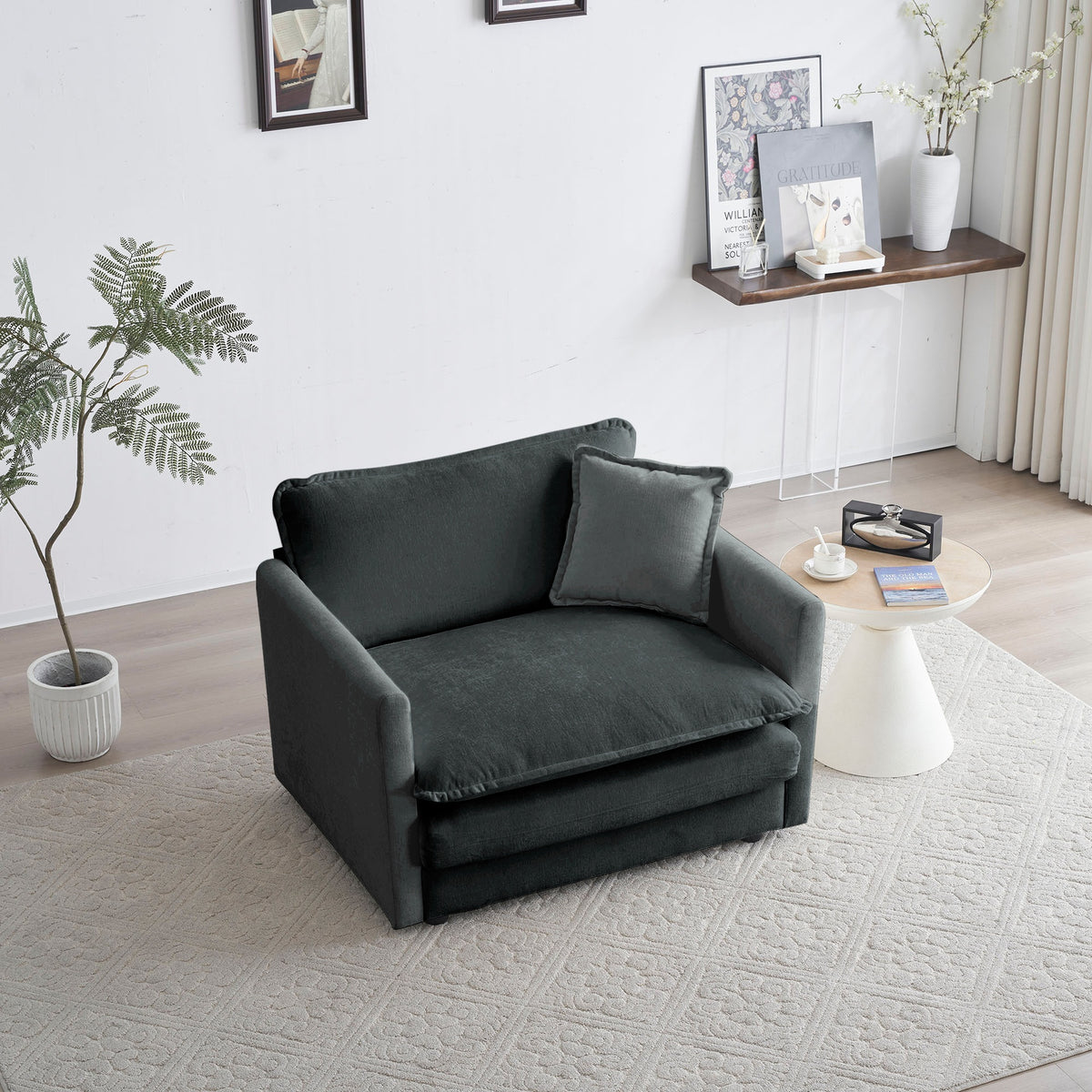 Comfy Deep Single Seat Sofa Upholstered Reading Armchair Living Room Chair Gray Chenille Fabric , 1 Toss Pillow