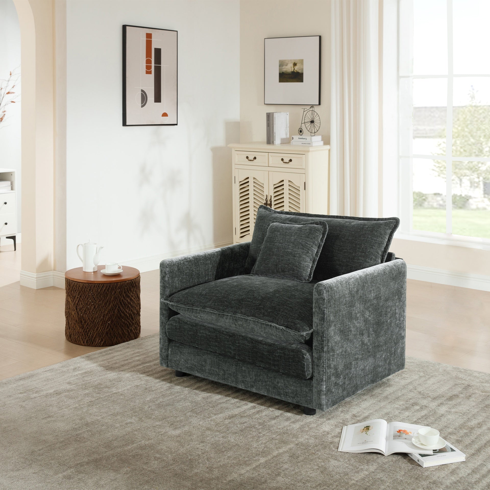 Comfy Deep Single Seat Sofa Upholstered Reading Armchair Living Room Chair Gray Chenille Fabric , 1 Toss Pillow