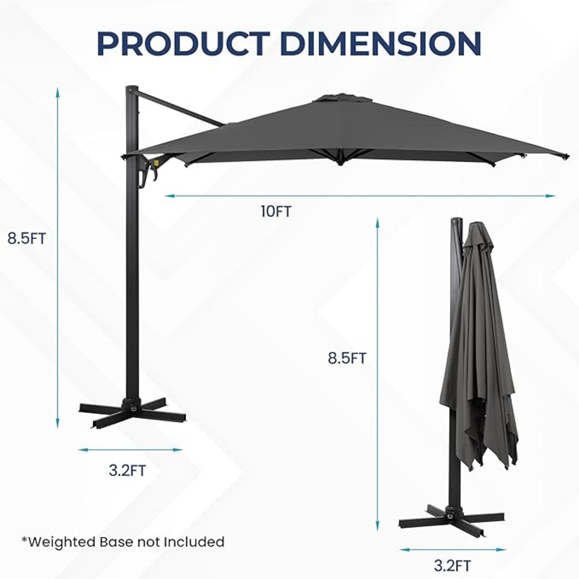 10 Ft Gray Square Large Cantilever Patio Umbrella with 360° Rotation & Tit Adjustment and Heavy Duty Offset Polyester Canopy Deck Umbrella without base.
