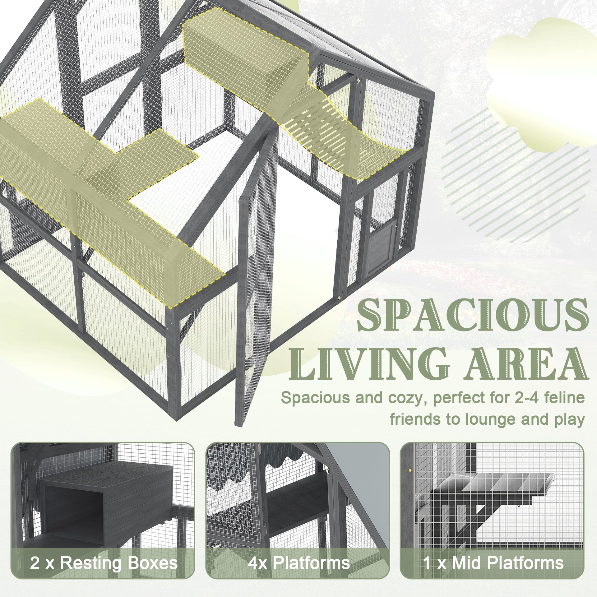 Cat, Large  Outdoor Cat Enclosure for Multiple Cats with 2 Platforms, 2 Resting Box and 1 Bridges, Wooden Feral Cats Shelter with Waterproof and UV Proof Canopy, 74.02 x 55.15 x 74.02 inch