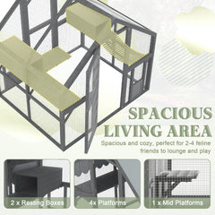 Cat, Large  Outdoor Cat Enclosure for Multiple Cats with 2 Platforms, 2 Resting Box and 1 Bridges, Wooden Feral Cats Shelter with Waterproof and UV Proof Canopy, 74.02 x 55.15 x 74.02 inch