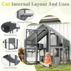 Cat, Large  Outdoor Cat Enclosure for Multiple Cats with 2 Platforms, 2 Resting Box and 1 Bridges, Wooden Feral Cats Shelter with Waterproof and UV Proof Canopy, 74.02 x 55.15 x 74.02 inch