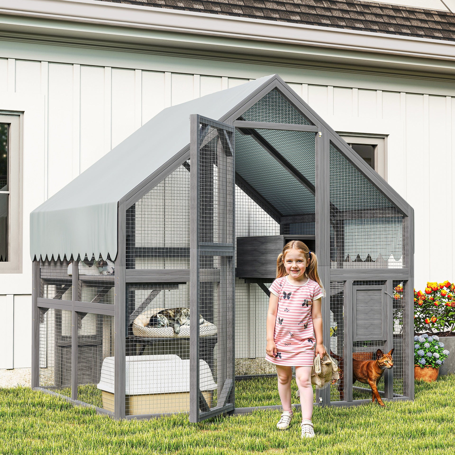 Cat, Large  Outdoor Cat Enclosure for Multiple Cats with 2 Platforms, 2 Resting Box and 1 Bridges, Wooden Feral Cats Shelter with Waterproof and UV Proof Canopy, 74.02 x 55.15 x 74.02 inch
