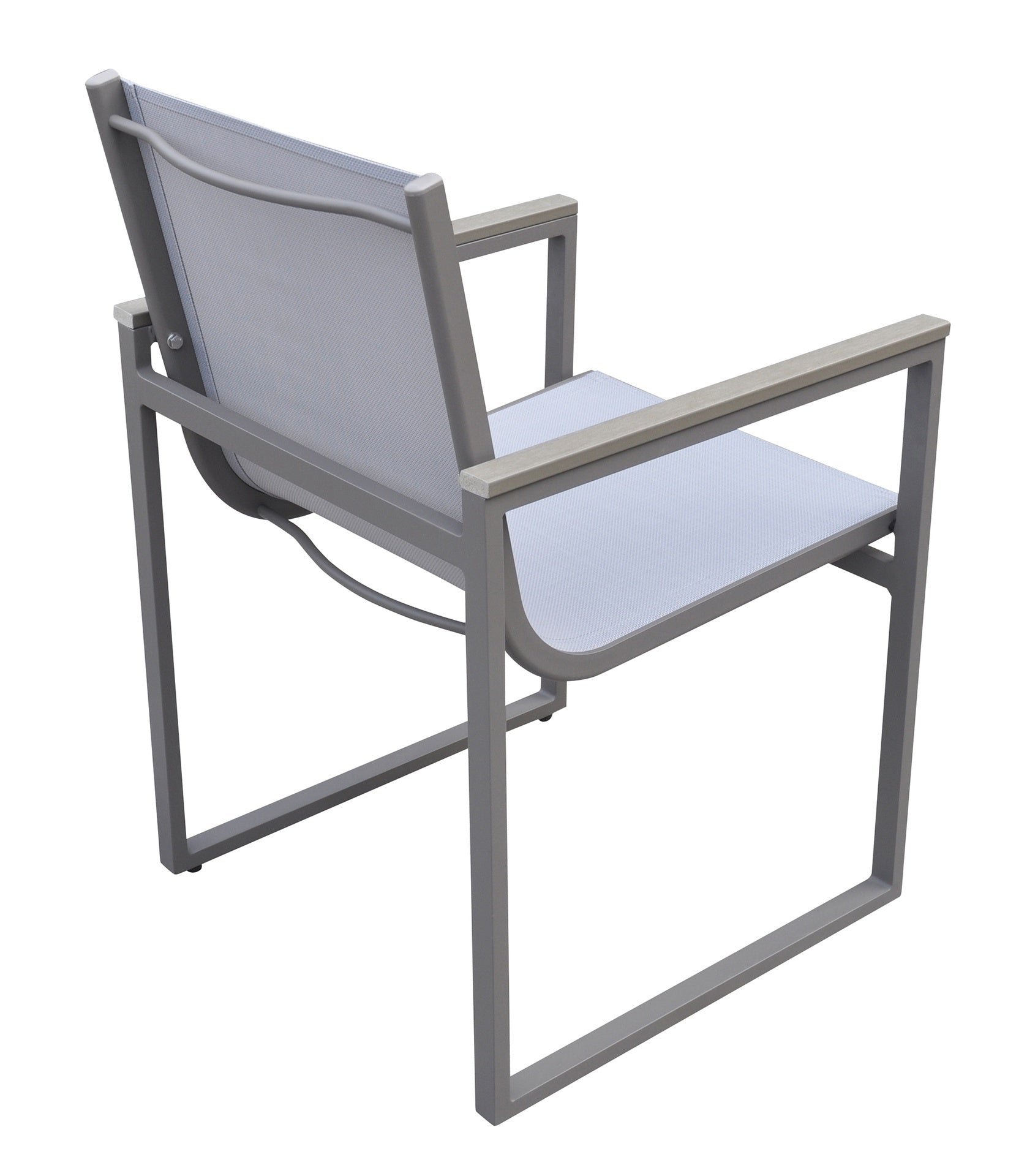 Herra Outdoor Patio Dining Chair in Gray Powder Coated Finish with Gray Sling Textilene and Gray Wood Accent Arms - Set of 2