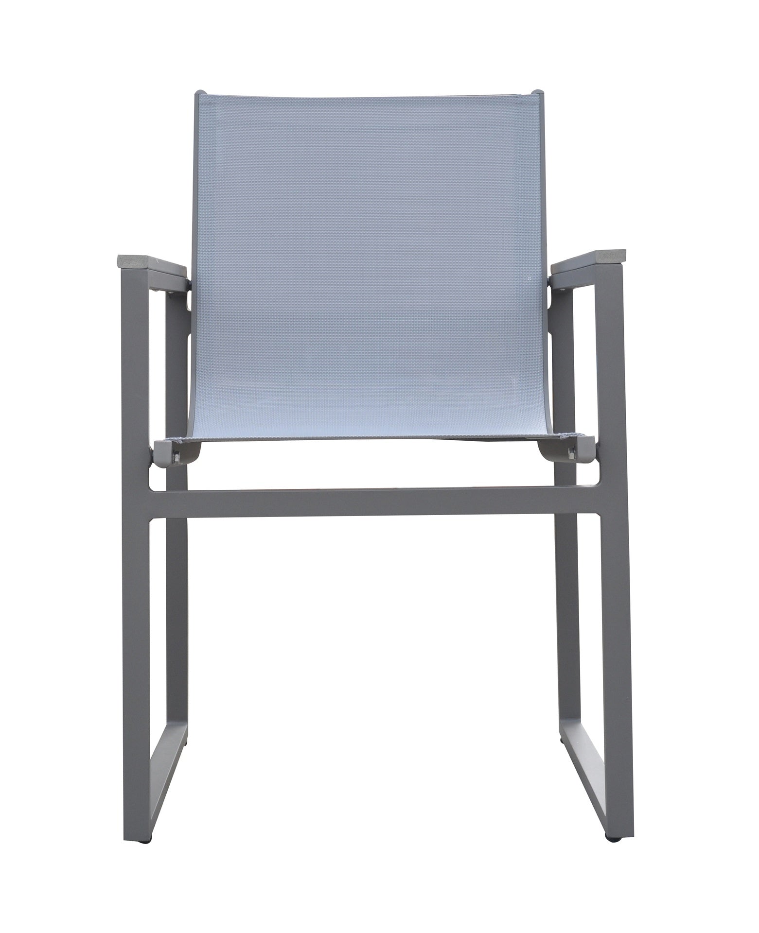Herra Outdoor Patio Dining Chair in Gray Powder Coated Finish with Gray Sling Textilene and Gray Wood Accent Arms - Set of 2