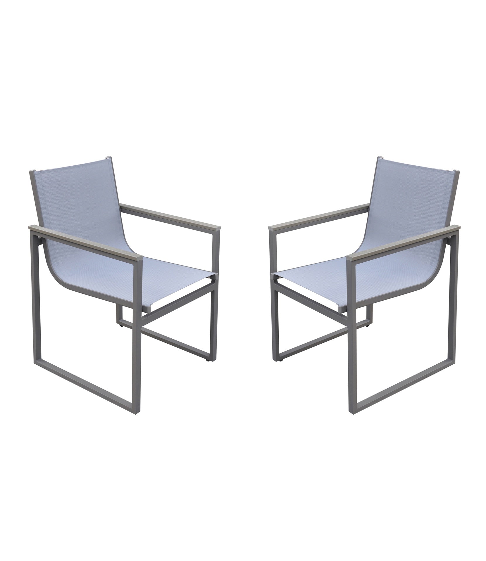 Herra Outdoor Patio Dining Chair in Gray Powder Coated Finish with Gray Sling Textilene and Gray Wood Accent Arms - Set of 2
