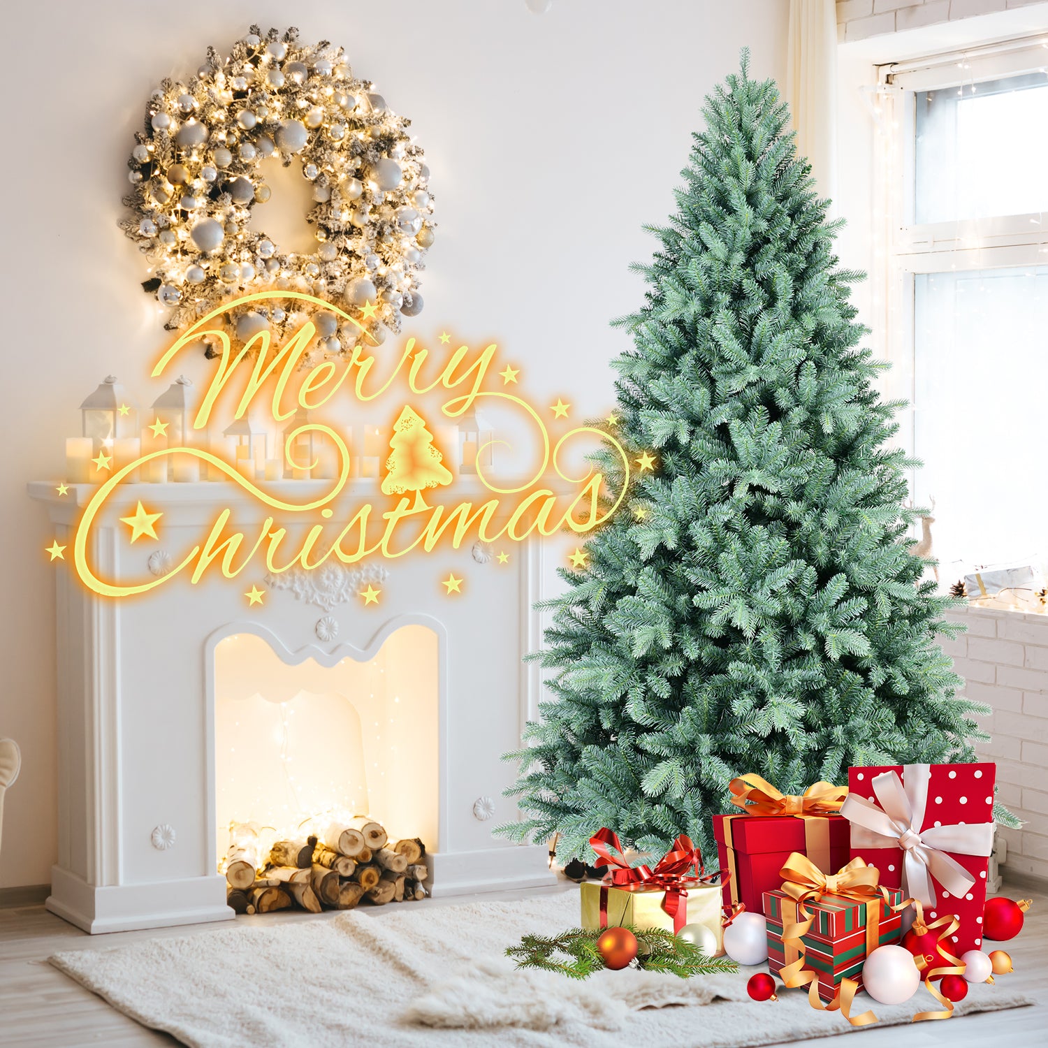 7.5FT Blue-Green Tint PE/PVC Christmas Tree – 2148 Tips, Hinged Branch Design, Full Natural Look, Stable Metal Stand, Easy to Assemble Holiday Decoration