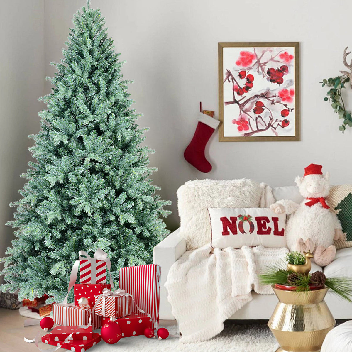 8FT Blue-Green Tint PE/PVC Christmas Tree – 2458 Tips, Hinged Branch Design, Full Natural Look, Stable Metal Stand, Easy to Assemble Holiday Decoration
