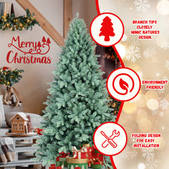 8FT Blue-Green Tint PE/PVC Christmas Tree – 2458 Tips, Hinged Branch Design, Full Natural Look, Stable Metal Stand, Easy to Assemble Holiday Decoration