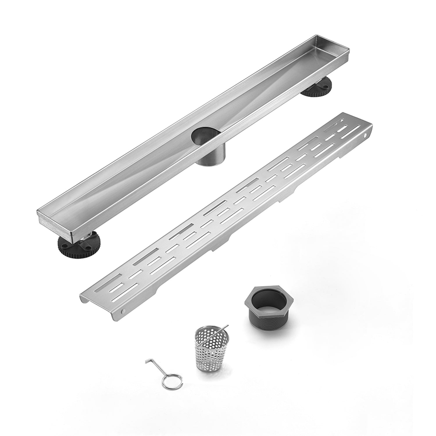 30 Inch Linear Shower Drain with Removable Brick Patterned Grate Cover, 304 Stainless Steel Shower Floor Drain with Hair Strainer and Leveling Feet