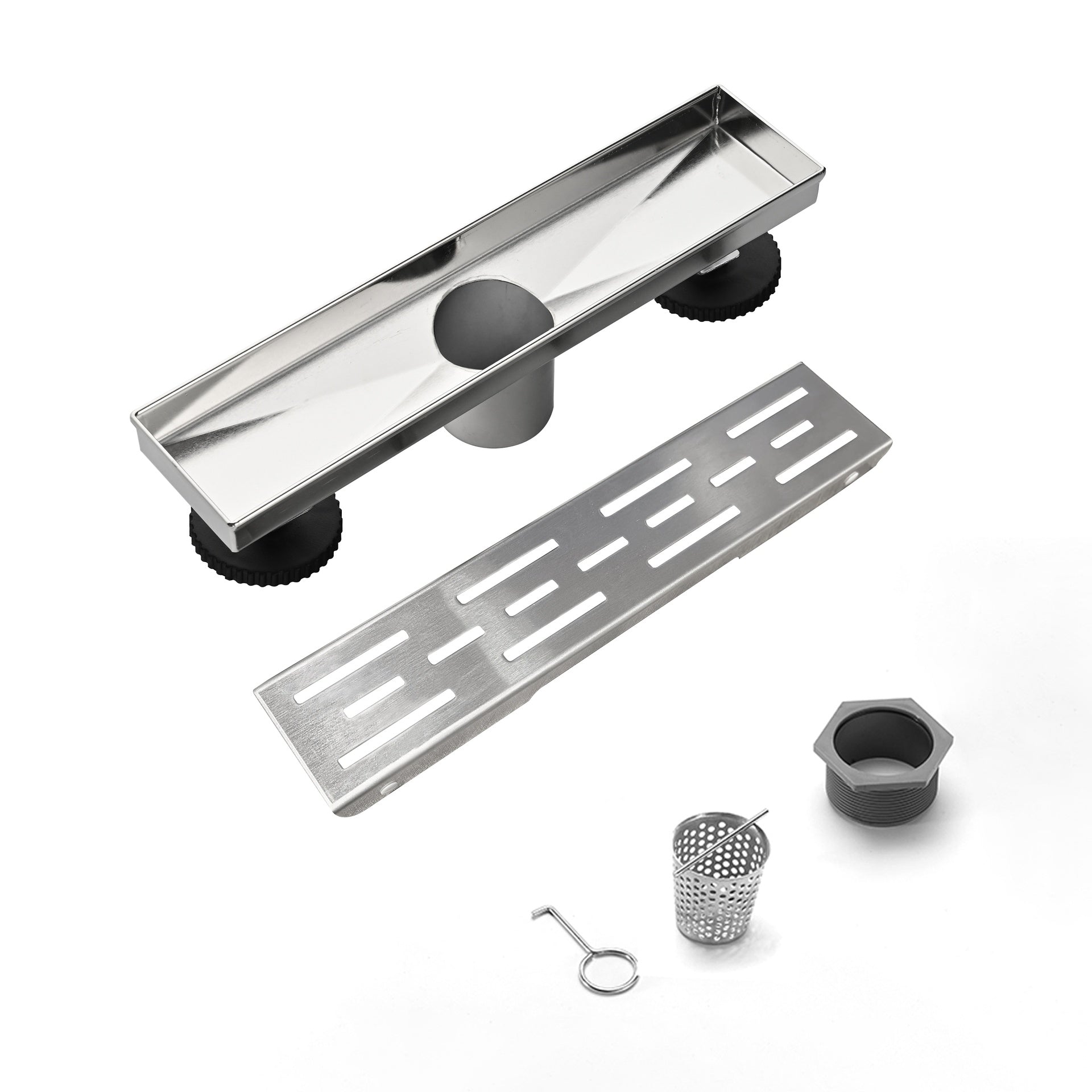 12 Inch Linear Shower Drain with Removable Brick Patterned Grate Cover, 304 Stainless Steel Shower Floor Drain with Hair Strainer and Leveling Feet